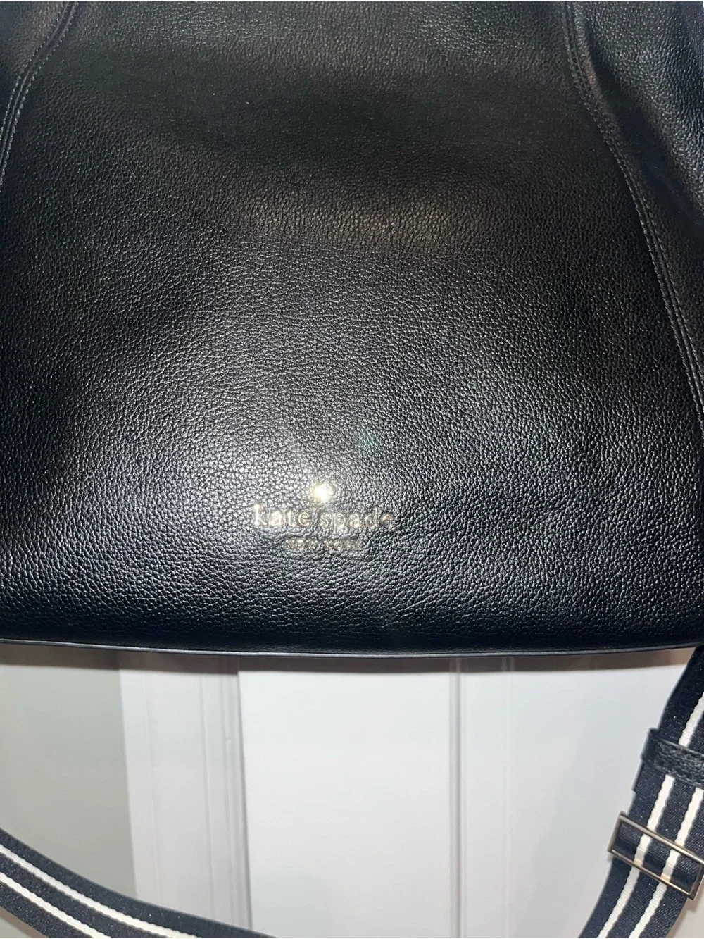 kate spade Black Pebbled Leather Shoulder Bag with Striped Strap